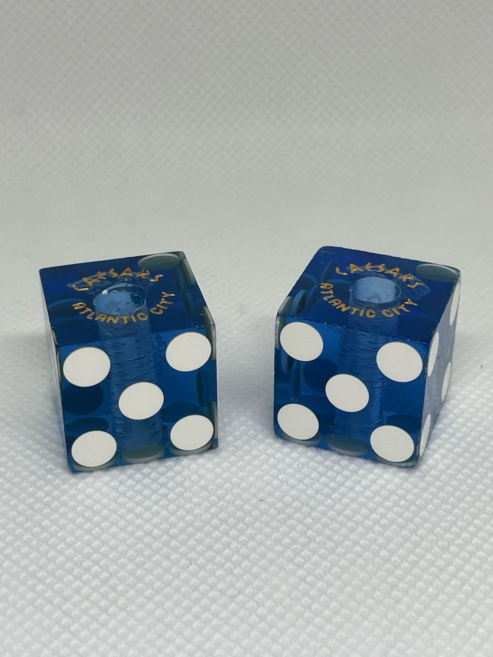 Vintage Pair Of Dice Ceasars Atlantic City Blue Lucite Set Drilled Holes NJ